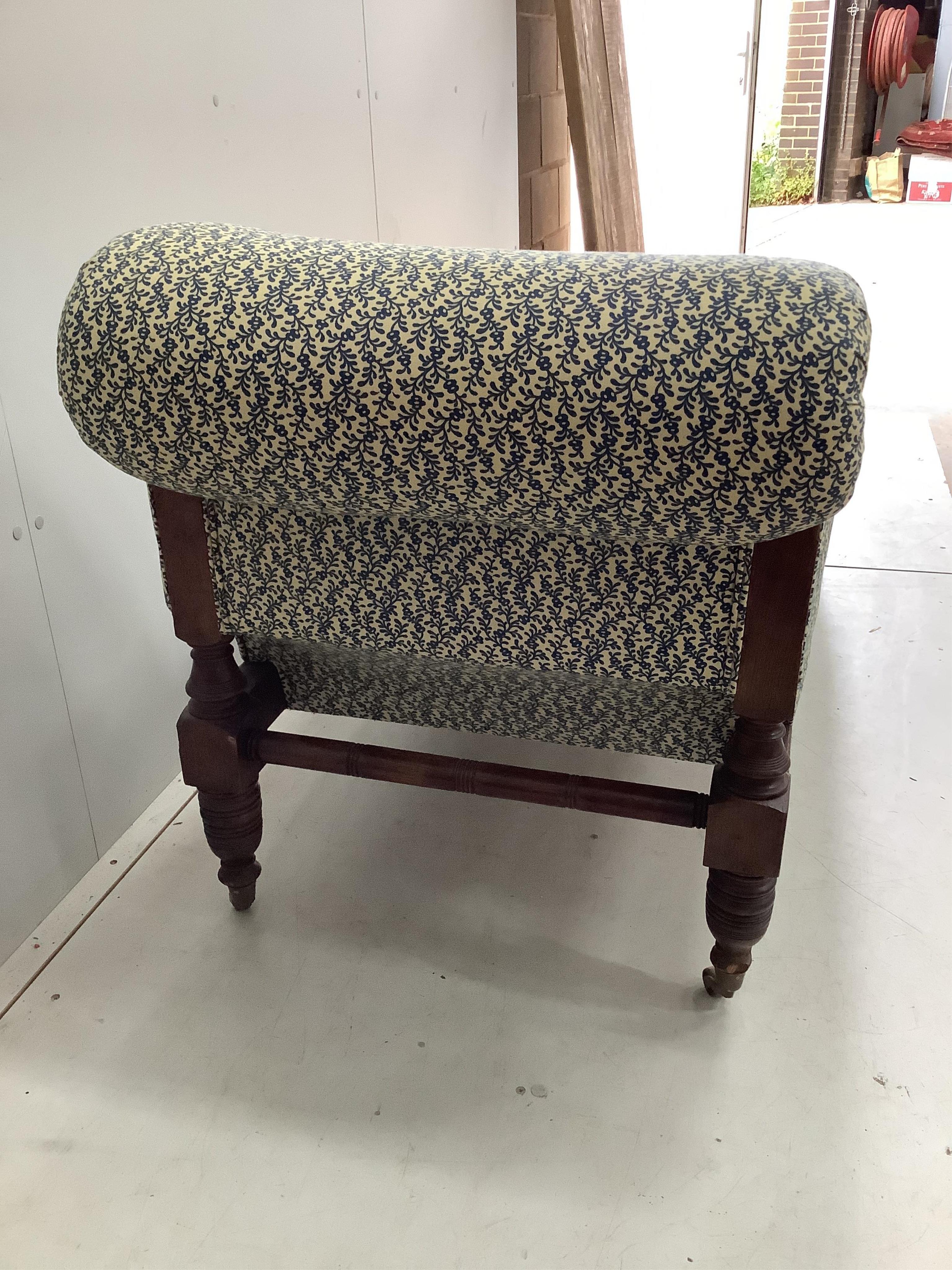 A late Victorian upholstered day bed, length 190cm, width 64cm, height 81cm